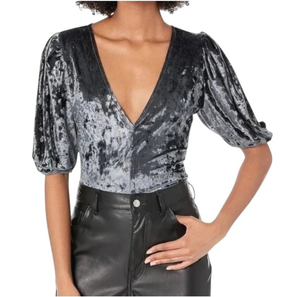 Free People Intimately Bodysuit Women XL Gray Velvet Puff Sleeve Don't You Wish - Picture 1 of 13